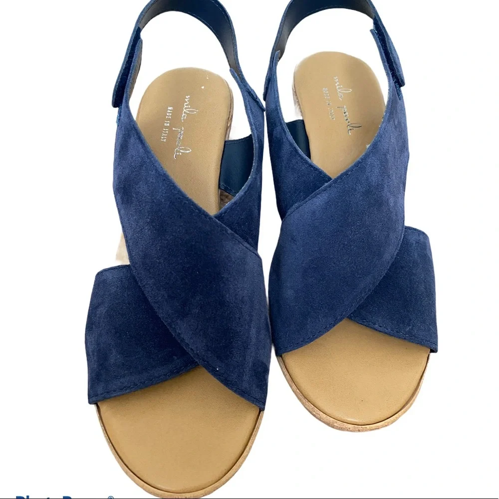 MILA PAOLI Navy Suede Leather Platform Wedge Sandals Crisscross Slingback 10